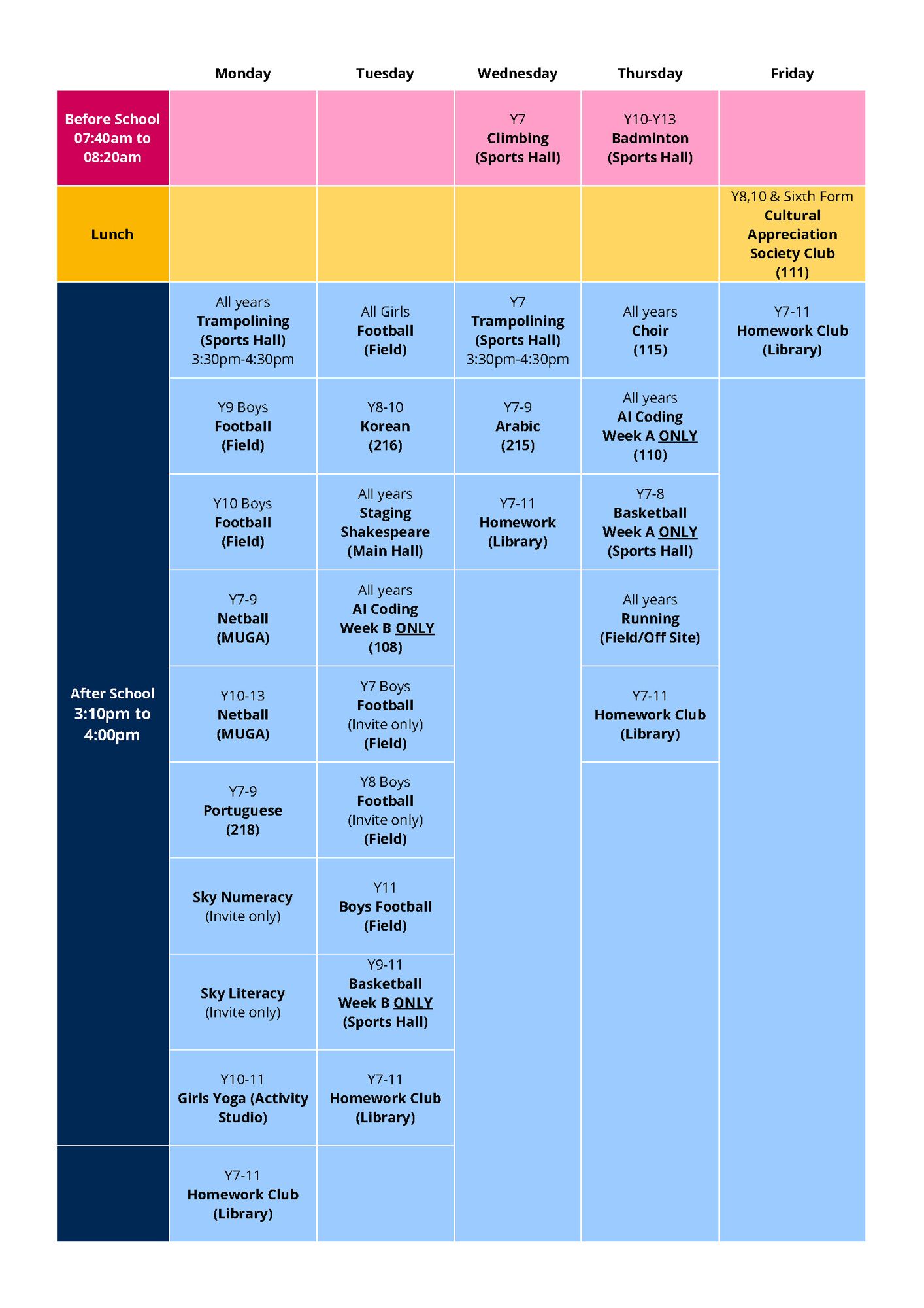 Spring Extra Curricular Clubs Timetable Page 1