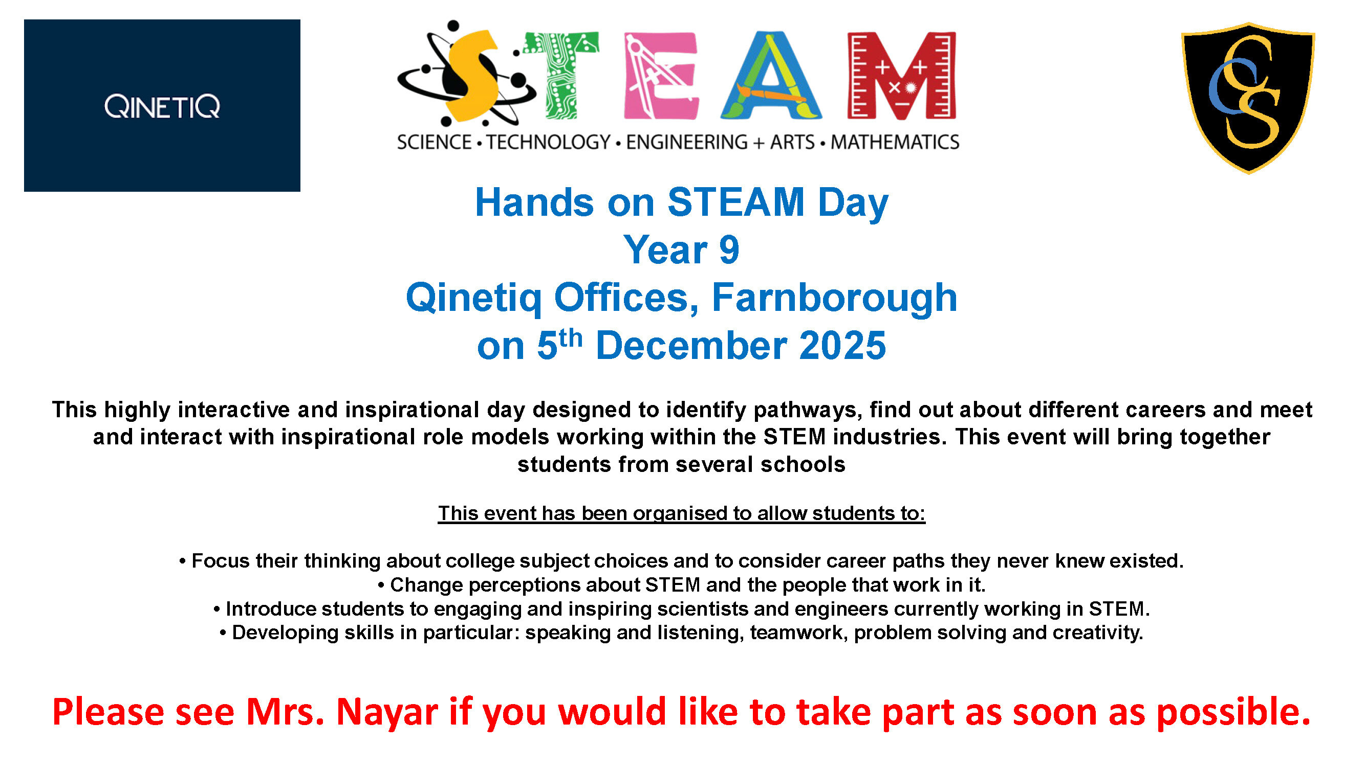 Hands on STEAM Day Advert