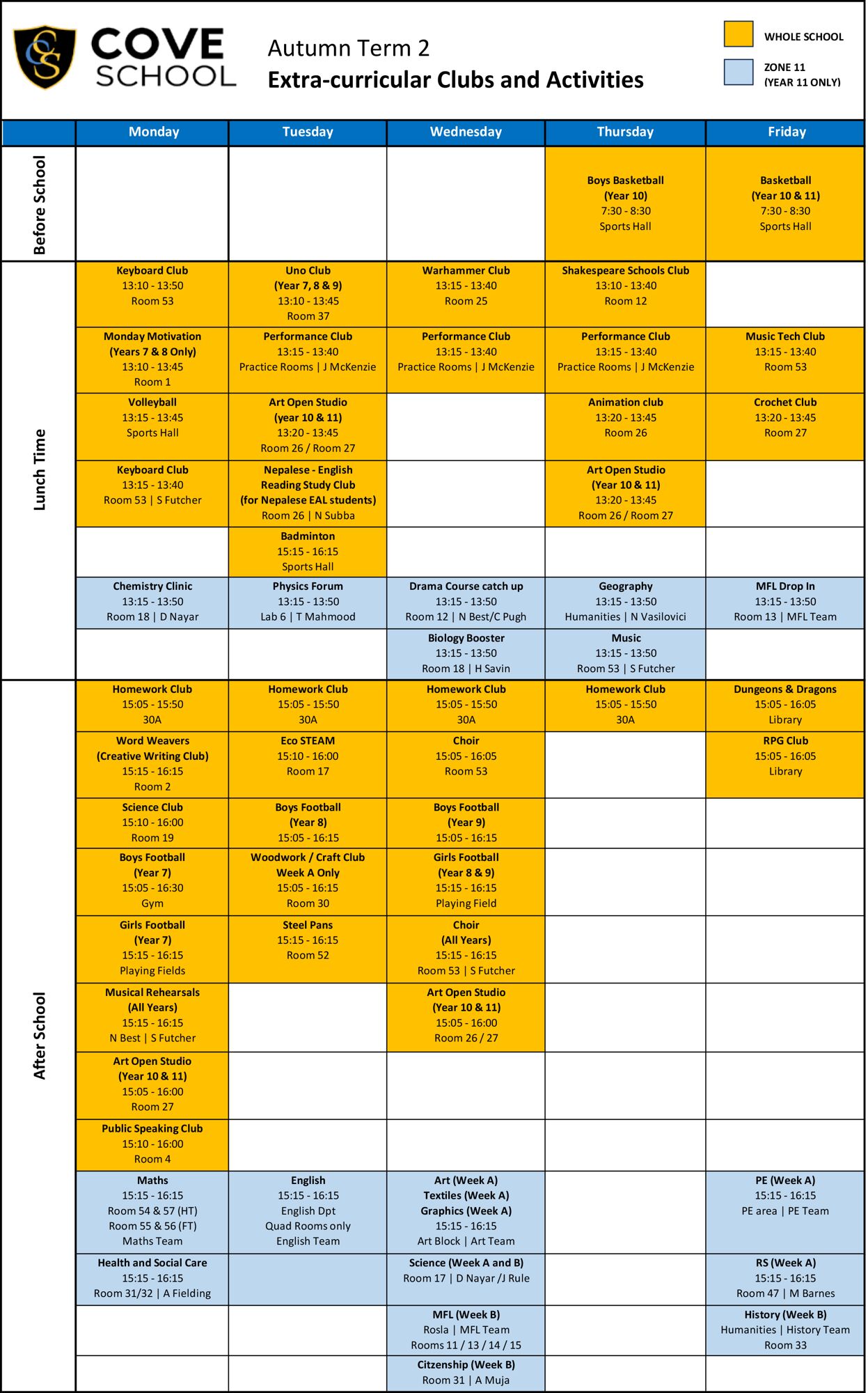 Extra curricular timetable autumn term 2 2025