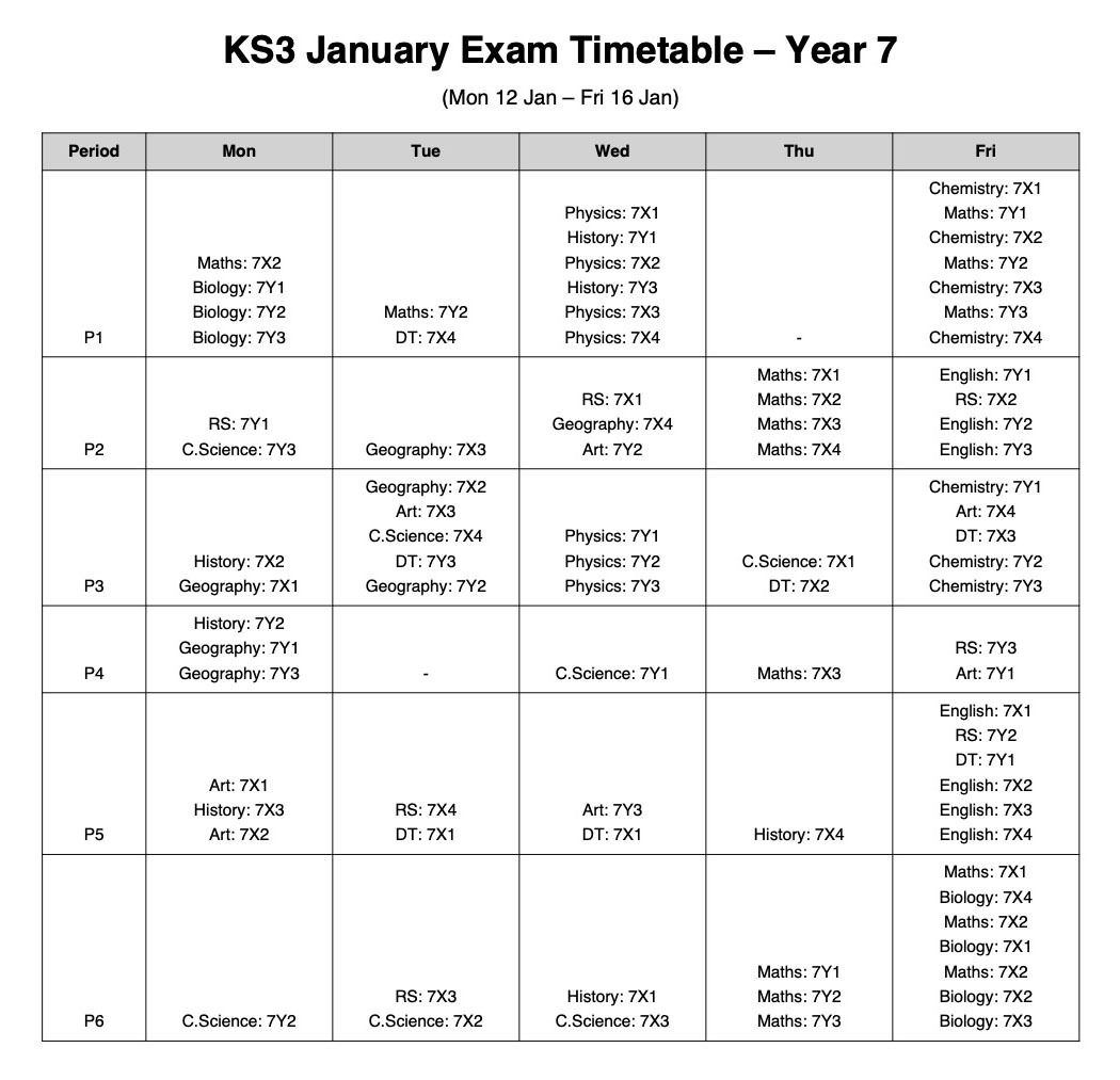 Year 7 Mid Year Exam Timetable