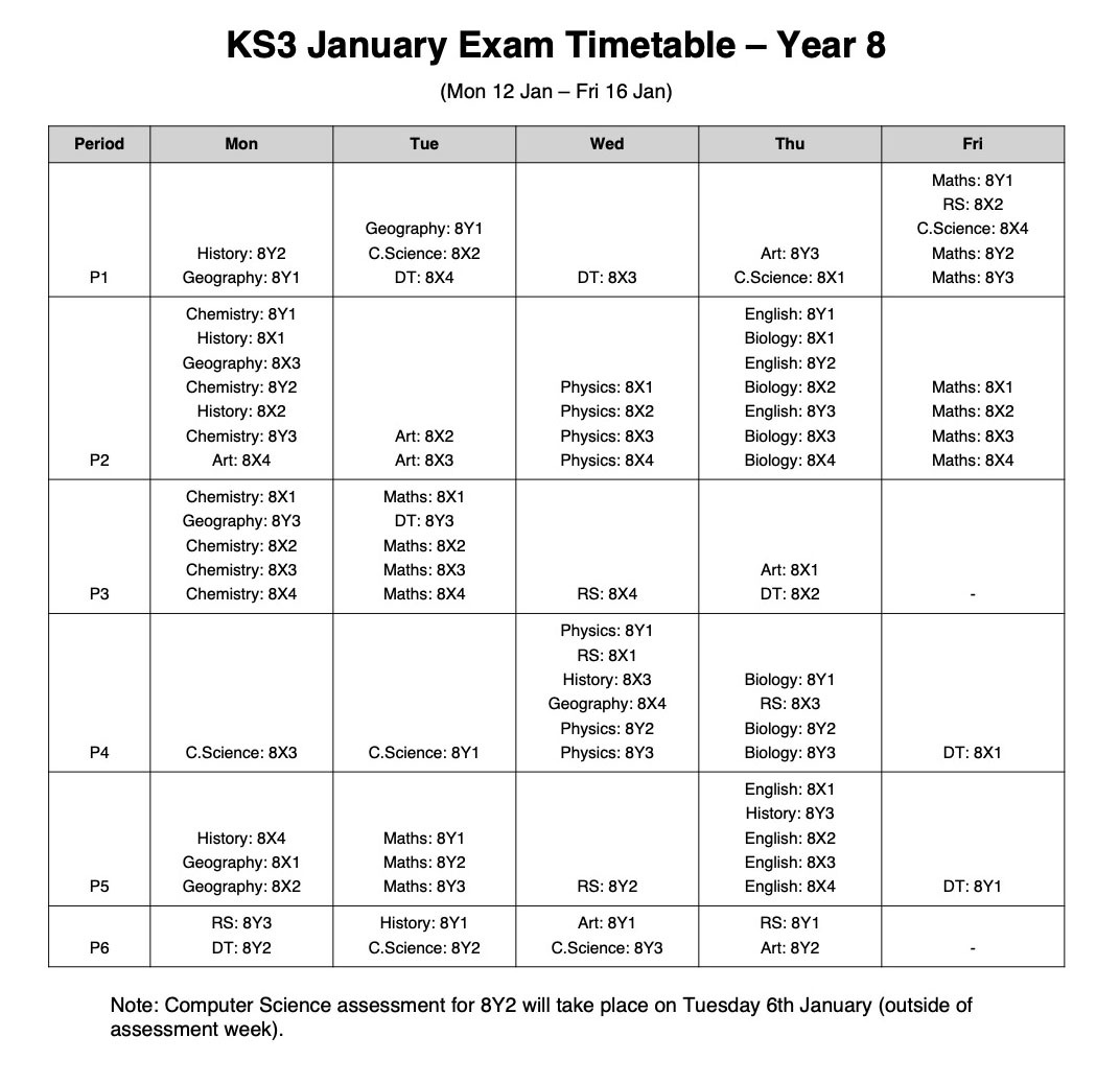 Year 8 Mid Year Exam Timetable