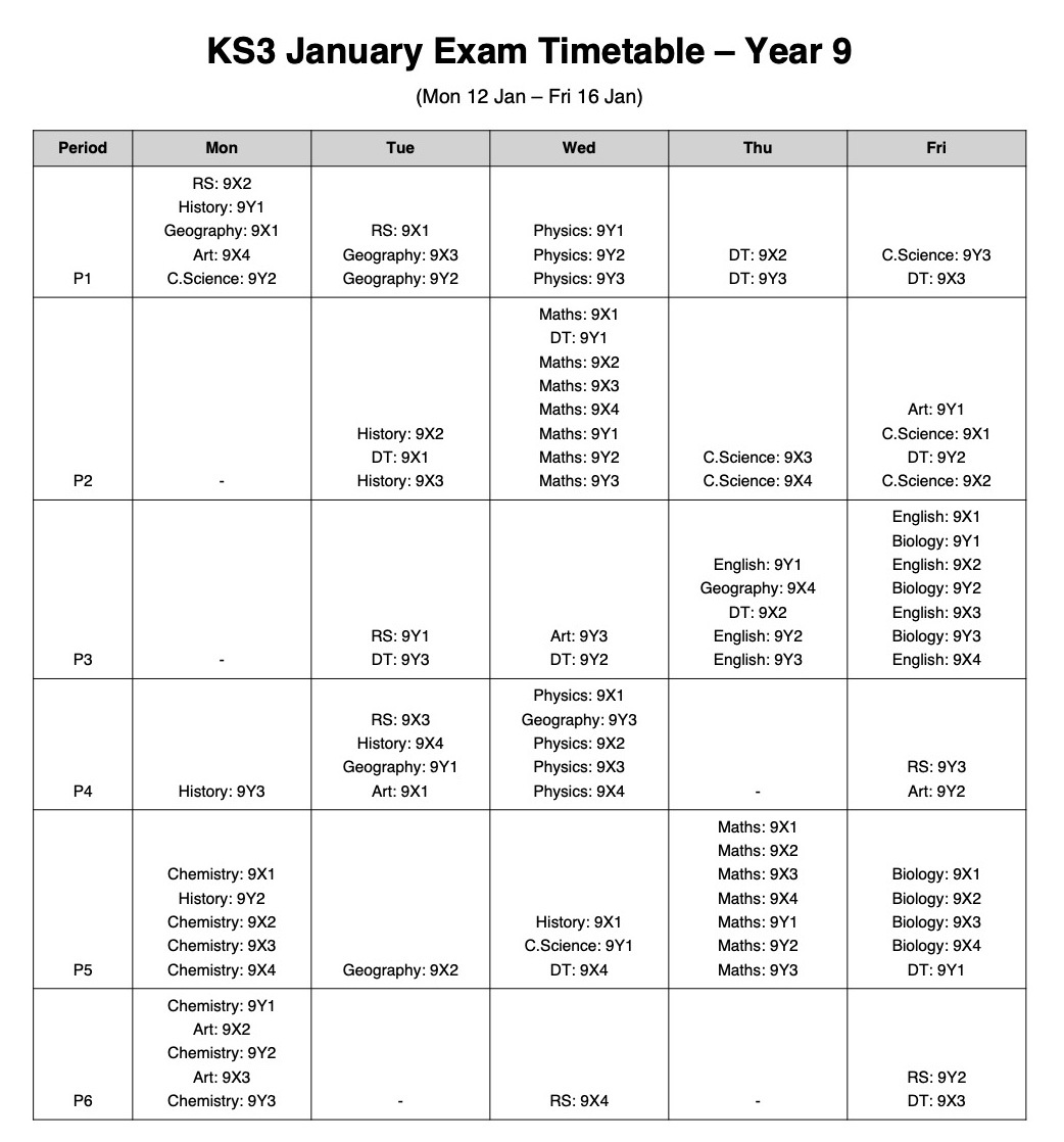 Year 9 Mid Year Exam Timetable