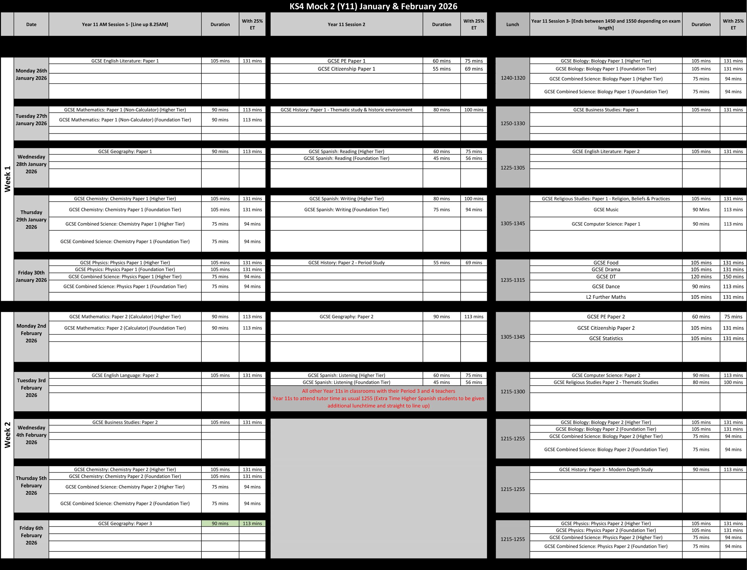 Year 11 Student Mock 2 Timetable Jan Feb 2026