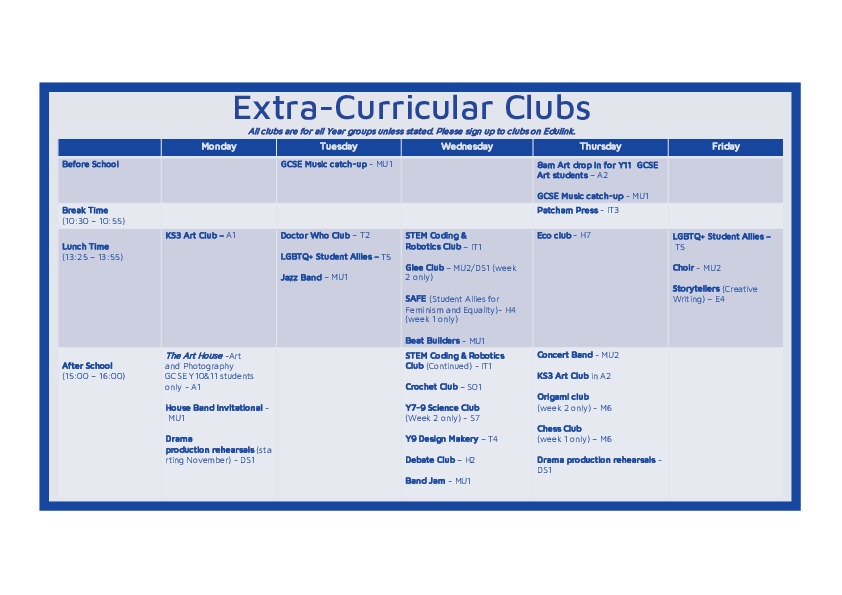 Extra Curricular Clubs Timetable Sept25