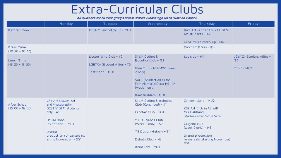 Extra Curricular Clubs Timetable Sept25