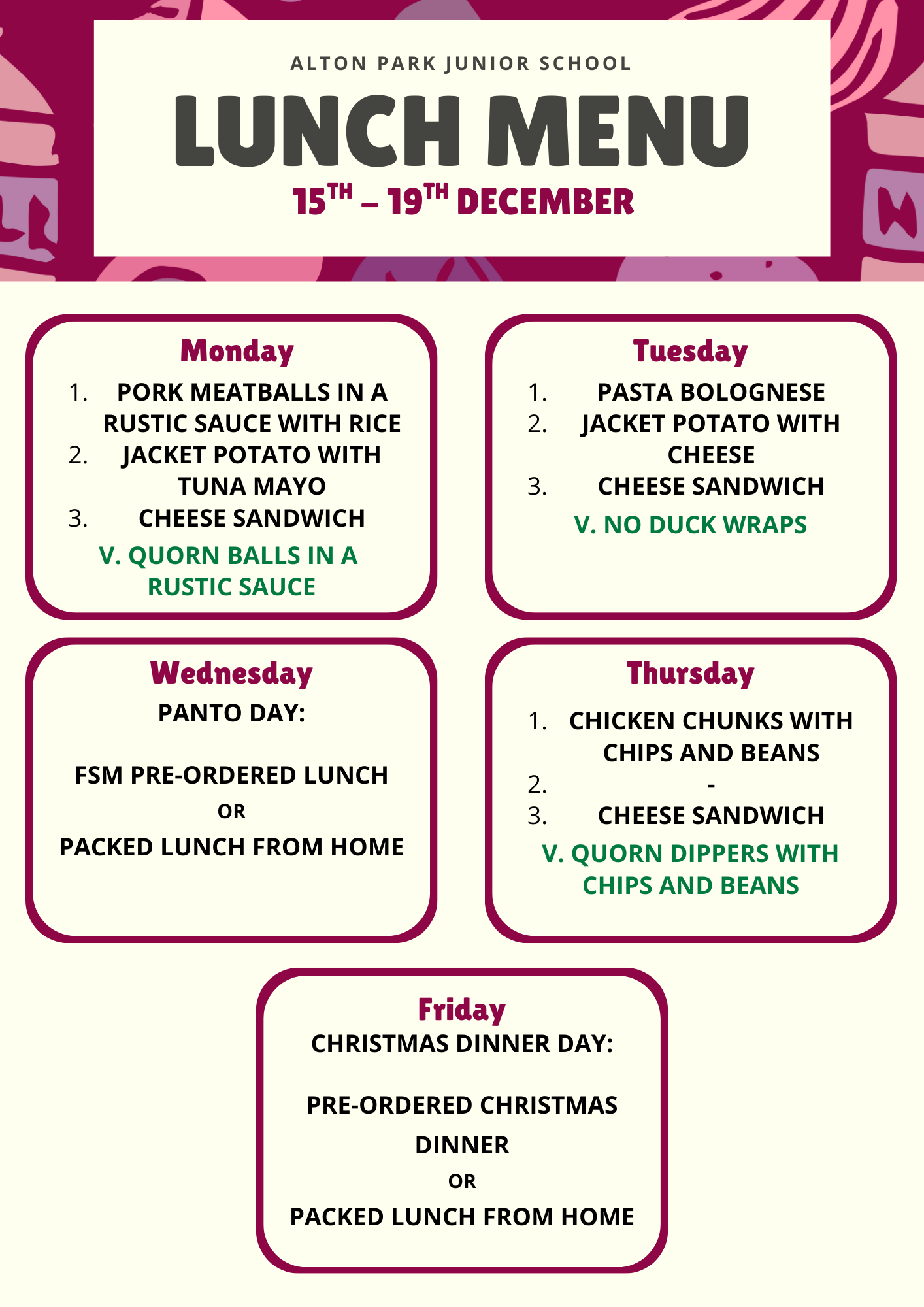 15TH 19TH DECEMBER LUNCH MENU