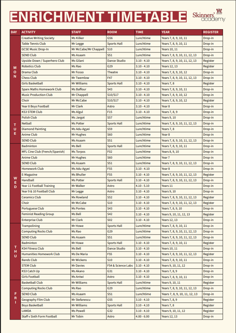 Enrichment Timetable Oct