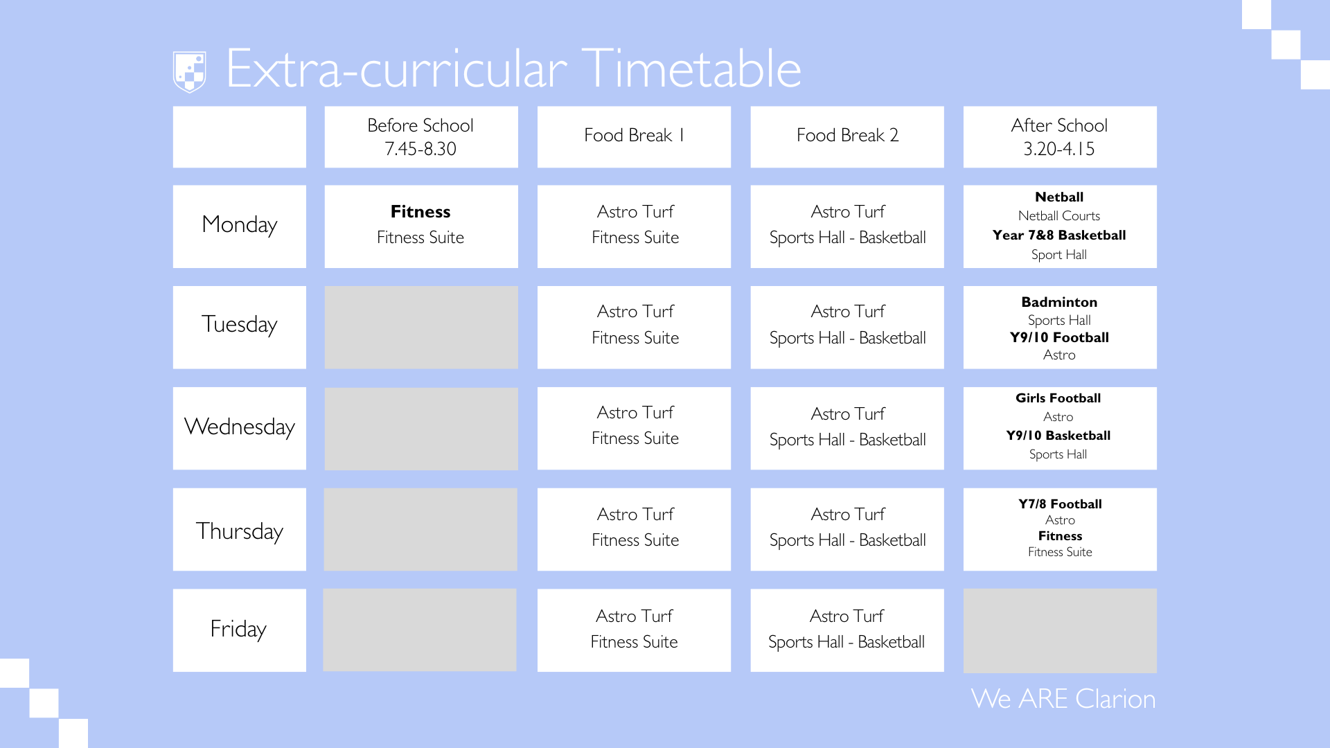 Extra Curricular Timetable OptiSigns Display